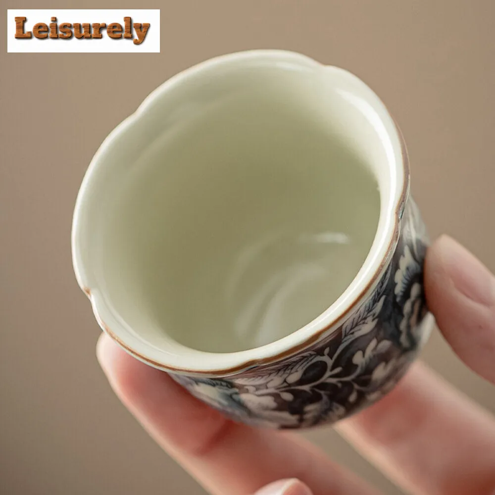 2pc/set Antique Blossoms Flower Ceramic Teacup Ru Kiln Flower Mouth Cup Small Master Cup Tasting Tea Bowl Kung Fu Teaware 40ml
