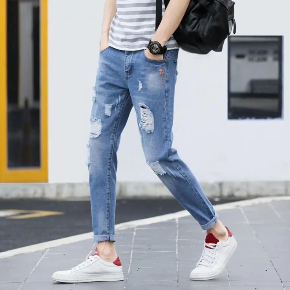 Cool Slim Jeans Comfy Denim Pants Pockets Male Ripped Tassel Pencil ...