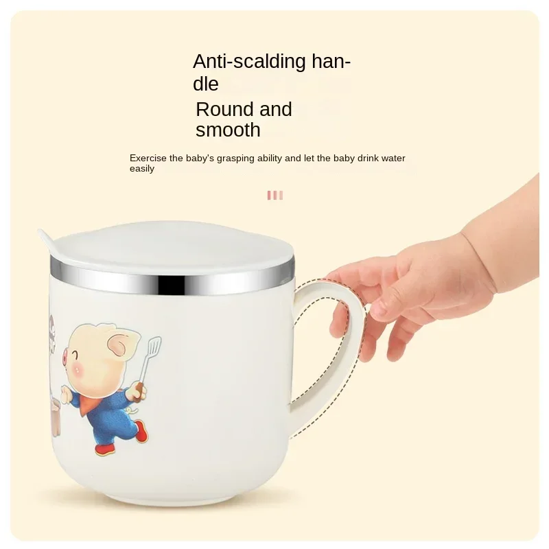 Baby Bottle Children's Cup Leak Proof Water Cup Cartoon Baby Straw Handle Beverage Food Grade Stainless Steel Milk Bottle
