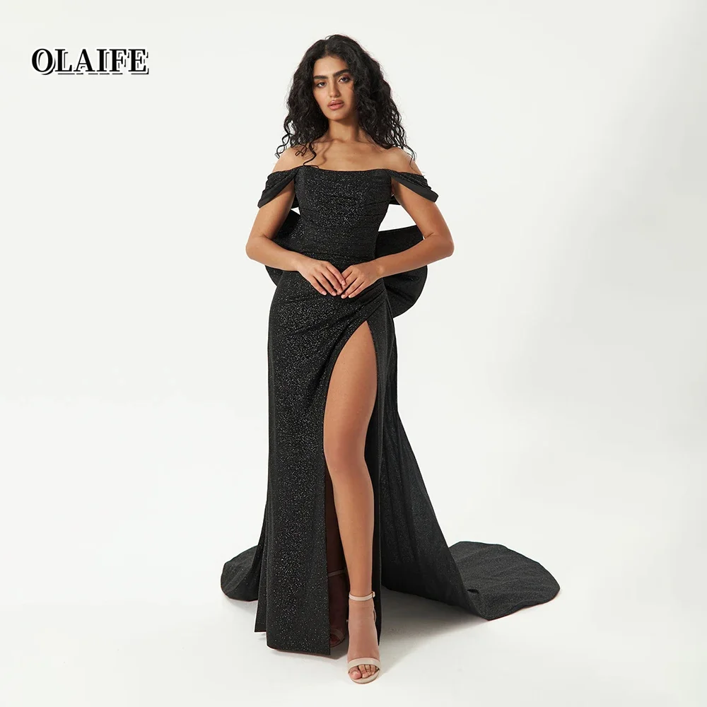 

Glitter Mermaid Evening Dresses Off The Shoulder Party Dresses Detachable Bow Formal Dresses Vestidos De Fiesta فساتين السهرة