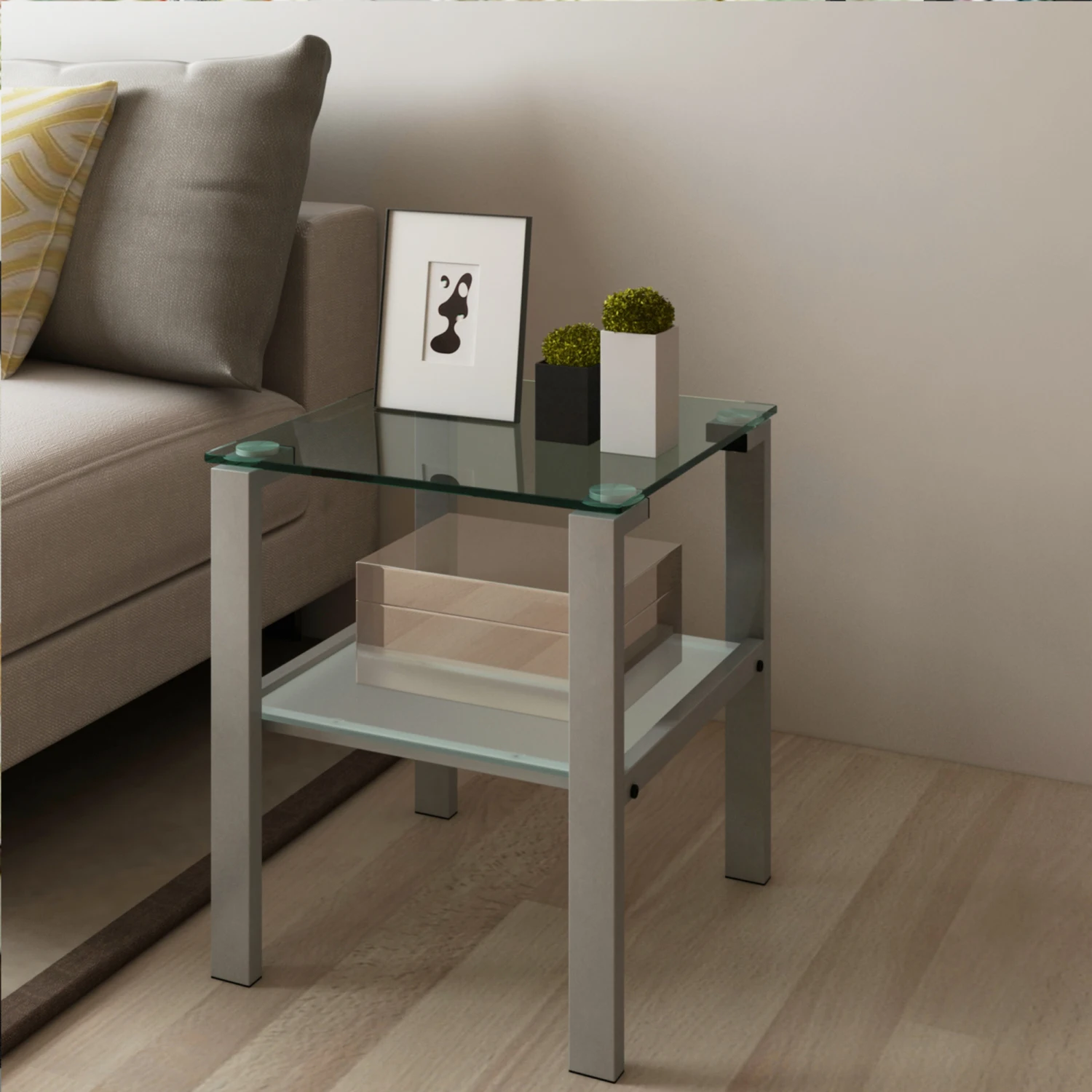 

Grey small round glass two-layer bedroom corner tea table for living room