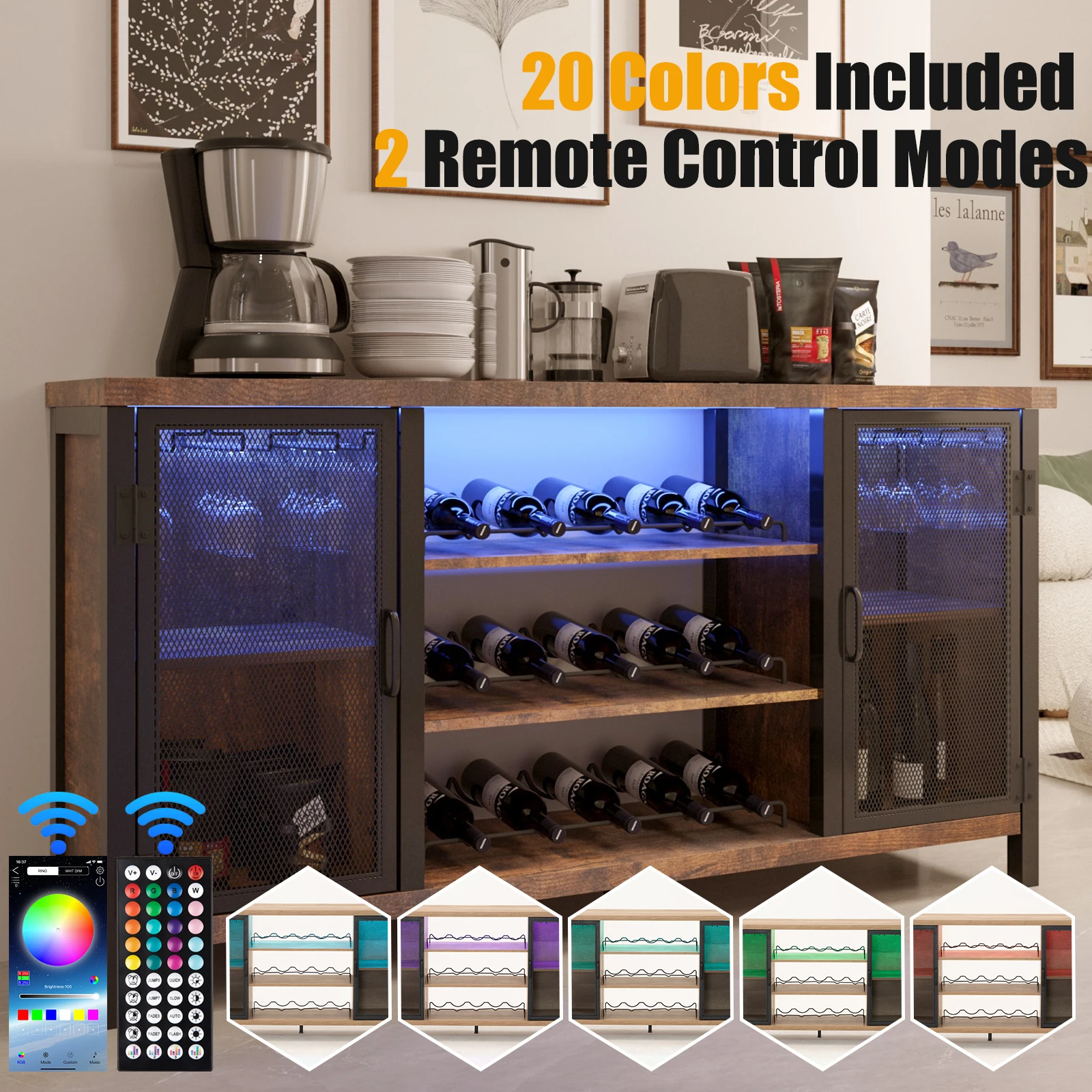 Household LED wine bar cabinet, farmhouse coffee bar with 2 hinged doors, adjustable wooden and steel table with bottle rack