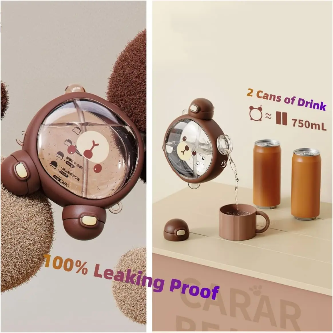 Cute Cartoon Bear Water Cup Straw Type Direct Drinking Bottle With Straw Travel Mug Kawaii Kids Tumbler Sport Drink Kettle 750Ml