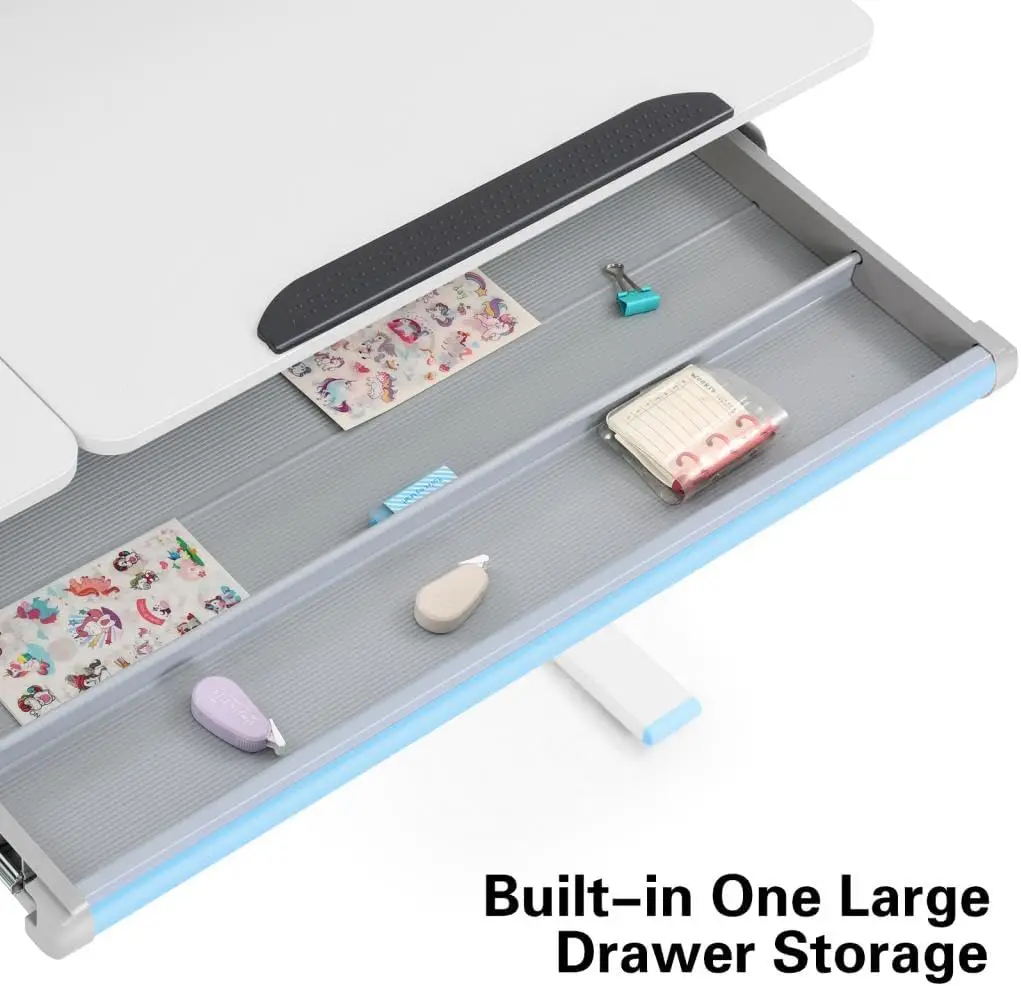 COSVALVE 39in Wide Adjustable Height Kids Desk with Tilting Desktop, Steel Frame, Drawer, and Bookshelf Hutch, Study Child Table