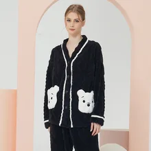 

Coral Fleece Pajamas Ladies Thick Winter Jamas Bear Flannel Home Wear Round Neck Cartoon Bear Suit Long-sleeved Comfortable PJs