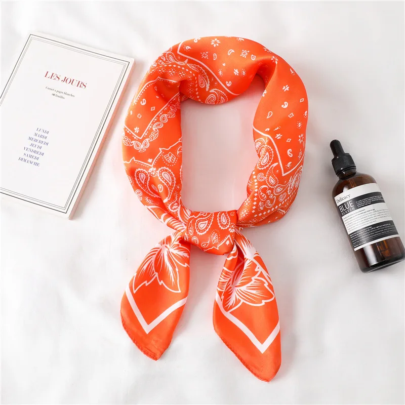 Girl Silk Scarf Luxury Women Hair Scarves 70*70cm Square Design Pink Flower Headscarf Summer Shawl Hijab Paisley Wrap Headband 3