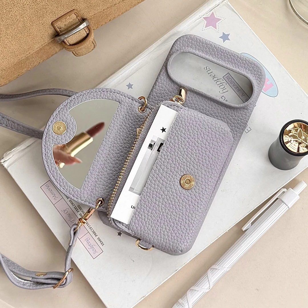 Luxury Crossbody Leather Card Purse Wallet Case with Makeup Mirror Cover