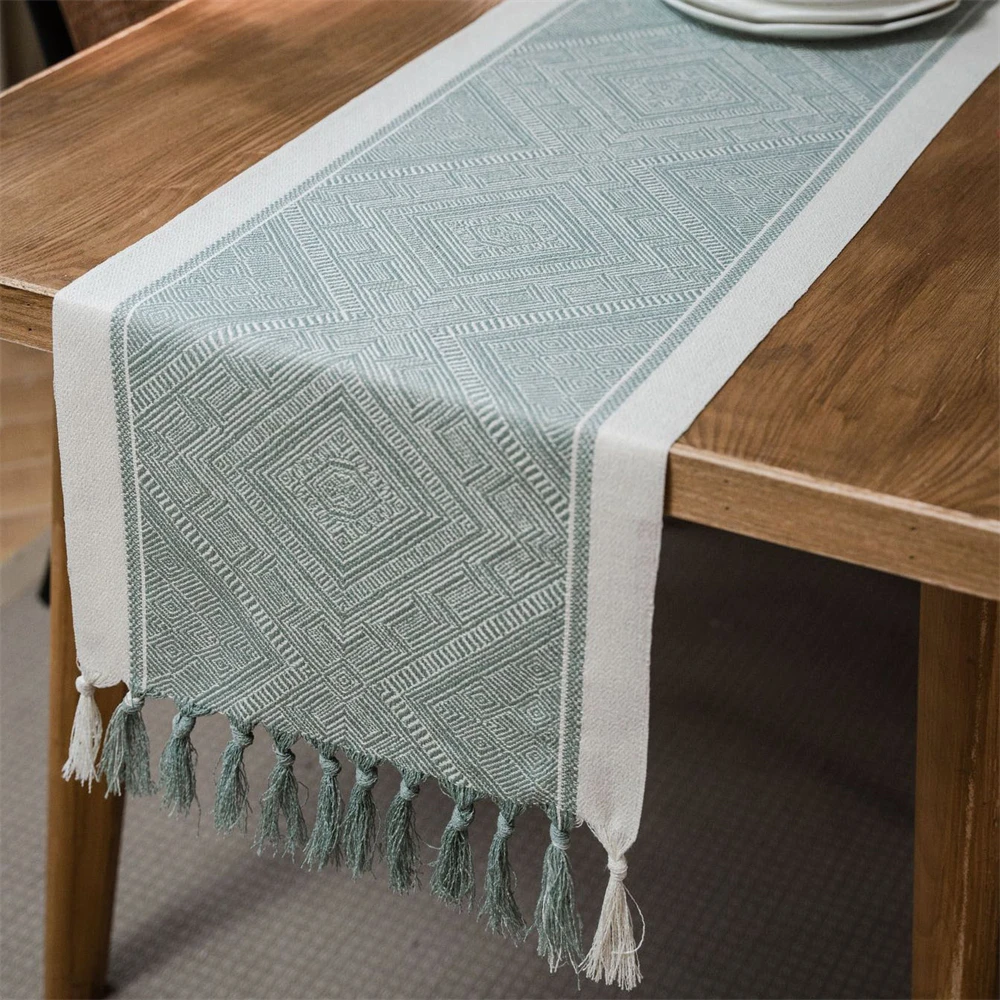 

Table Runner Green Nordic Jacquard Geometric Table Flag Fringe Tea Country Tablecloth Table Runners For Dining Table Cover Decor