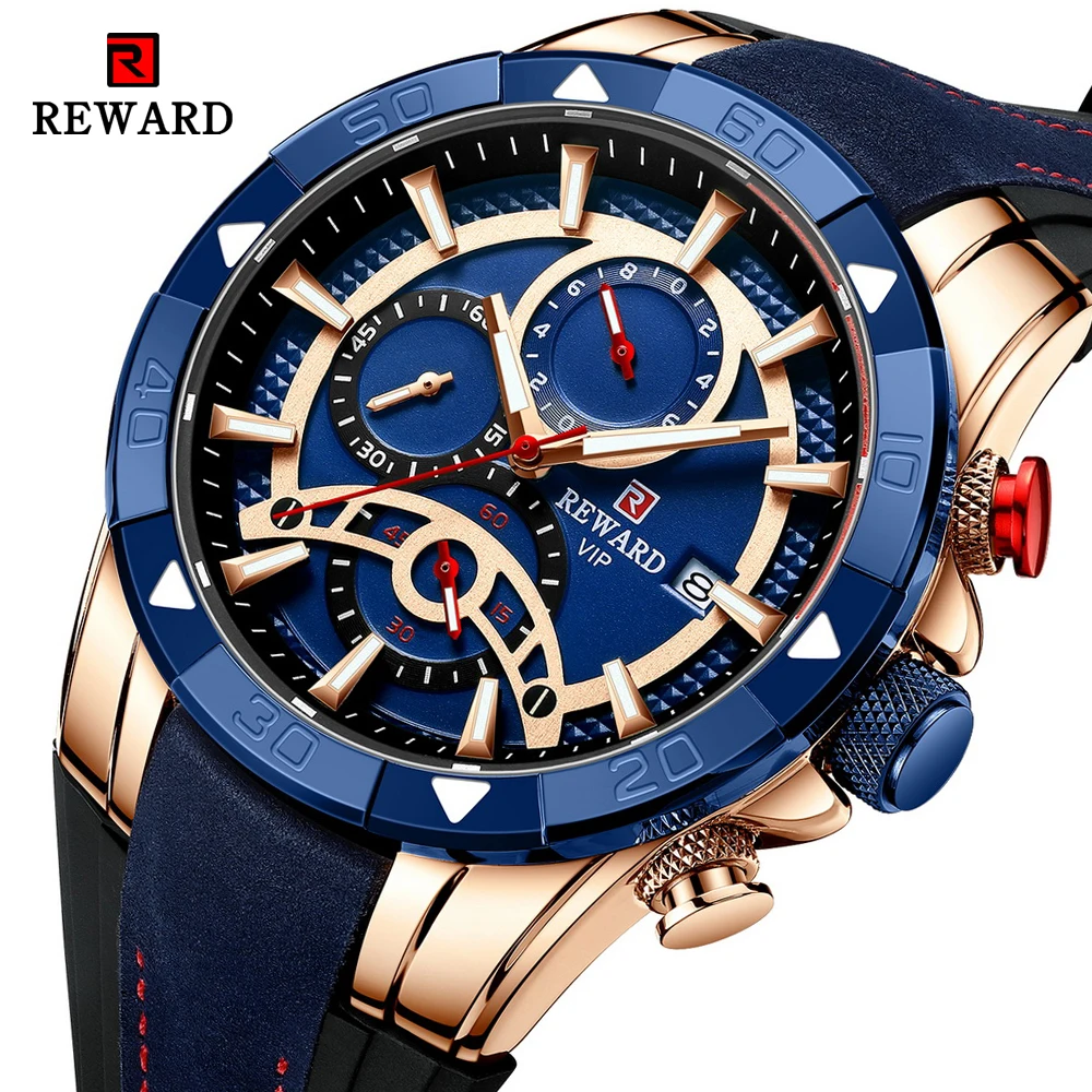 REWARD Fashion Blue Men Watches Chronograph Top Brand Luxury Waterproof Quartz Watch Men 2023 New Big Dial Sport Wrist Watch olevs 5869 men business waterproof genuine leather strap quartz watch blue dark brown