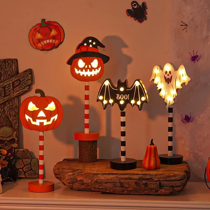 

LED Ghost Festival Night Light Shape Lamp Pumpkin Ghost Skeleton Head Wooden Decoration Small Night Lamps Atmosphere Lighting