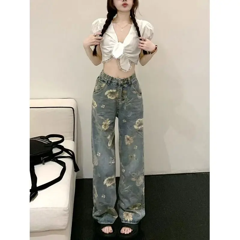 Vintage Hottie Fashion Printing Jeans Women Summer High Waist Appear Thin All-match Casual Wide Legs Mopping the Floor Trousers