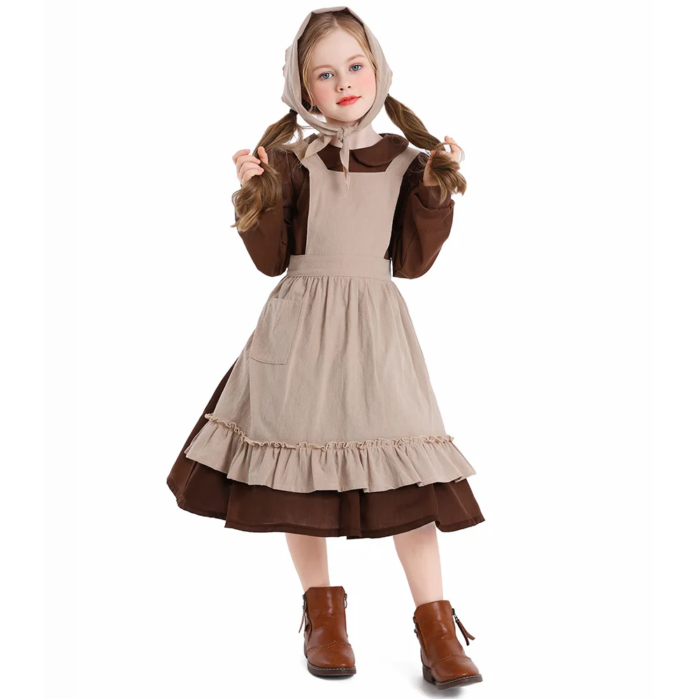 French estate maid Halloween brown dress apron Costume Middle Rural Farm Maid Civilian set for girls cosplay costume halloween dress outfit