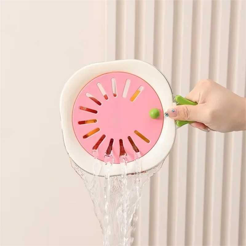 Dust-Proof Fruit Drainer Basket -Hidden Folding Handle Drain Switch Expandable 2-In-1 Thickened Dewatering Dishwashing Basket