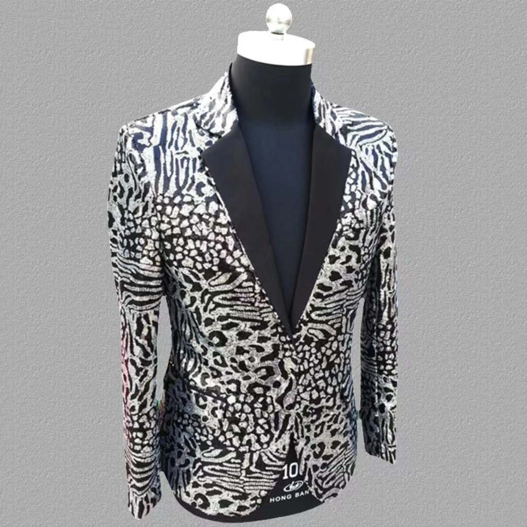 Luxury Full Men's Suit Jacket Leopard print Sequins Fashion Trends Senior Host Dress Chic Elegant Banquet Male Slim Blazer Coats