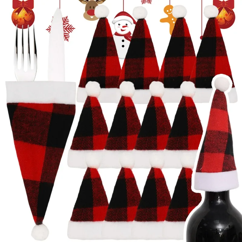 3 Sizes Christmas Wine Bottle Cover Cap Red Santa Hat Fork Knife Spoon Holders Cover Xmas Tree Pockets Party Dinner Table Decor