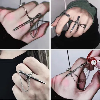 Gothic Dark Crossing Swords Ring Girl European American Creative Chain Tassel Skeleton Sword Rings For Women Jewelry Accessories