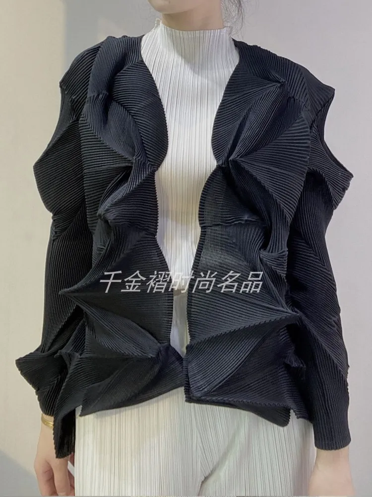 Women jacket Coats Miyake Pleated Fashion Solid Loose Large Size Long Sleeve High Street Cardigan Outerwear & Coats Tide