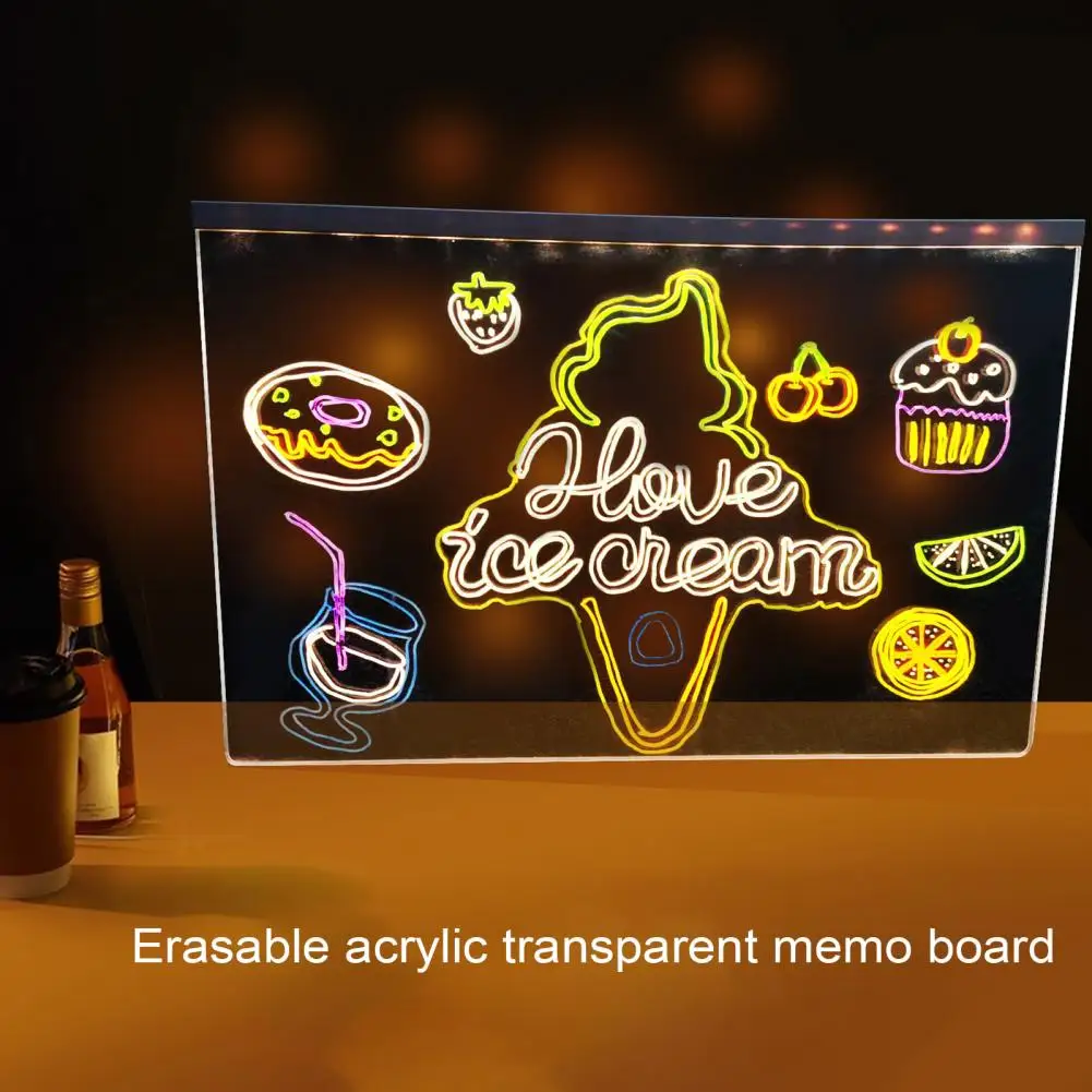 LED Note Board with Colors Light Up Acrylic Message Board Transparent Faux Crystal Clear Writing Surface Adjustable Stand
