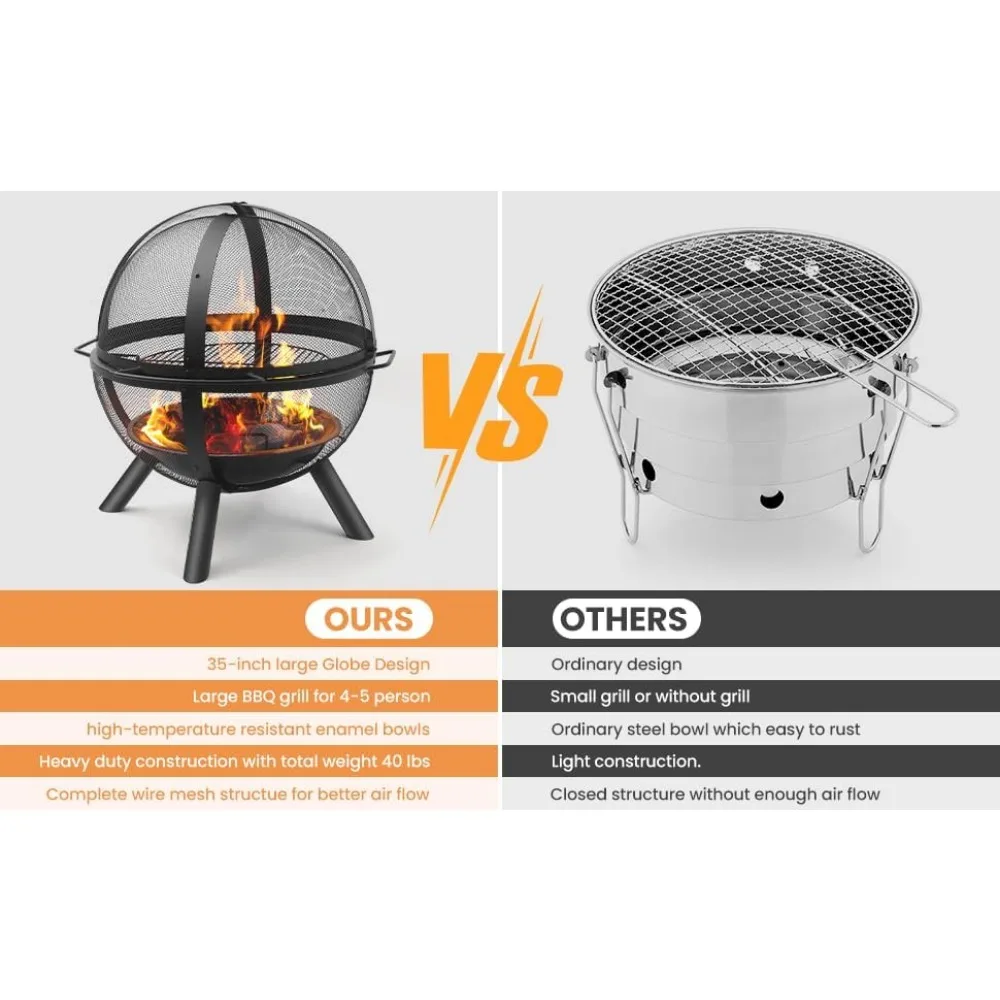 Ball of Fire Pit 35" Outdoor fire with BBQ Grill Globe Large Round Pit,Patio Fireplace for Camping, Heating, Bonfire and P