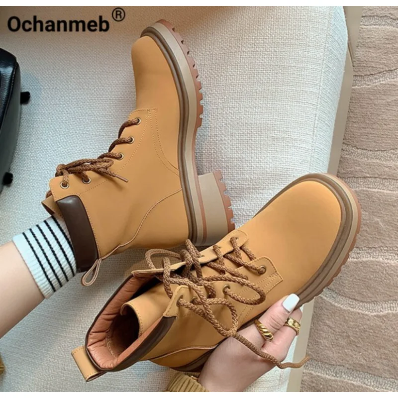 

Ochanmeb Women Genuine Cow Leather Motorcycle Boots Brand Square Heel Round Toe Lace-up Combat Ankle Short Boot 39 Autumn Winter