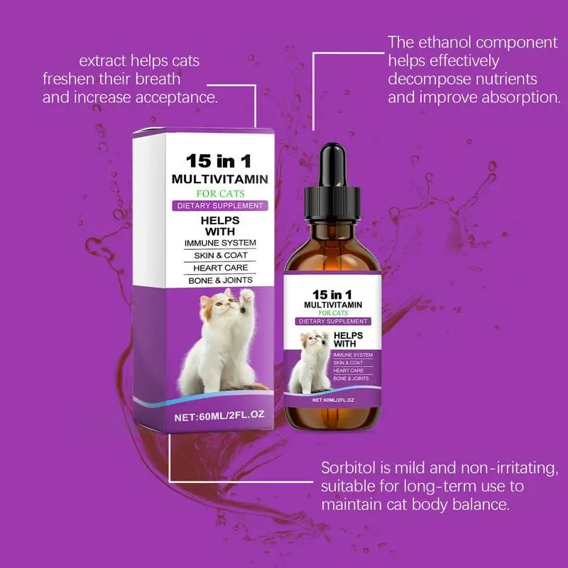 Cat Body Care Dropss For Indoor Cats 15 In 1 Body Care Drops Drops Daily Supplement 60ml For Supports Joint