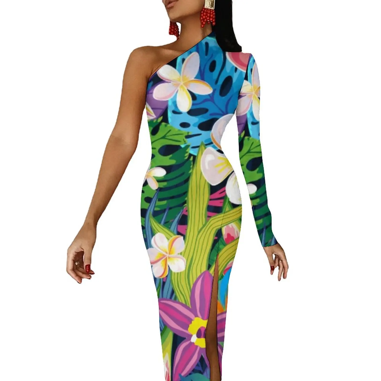 Robe longue empire imprimé fleurs tropicales à bretelles à perles - Marine