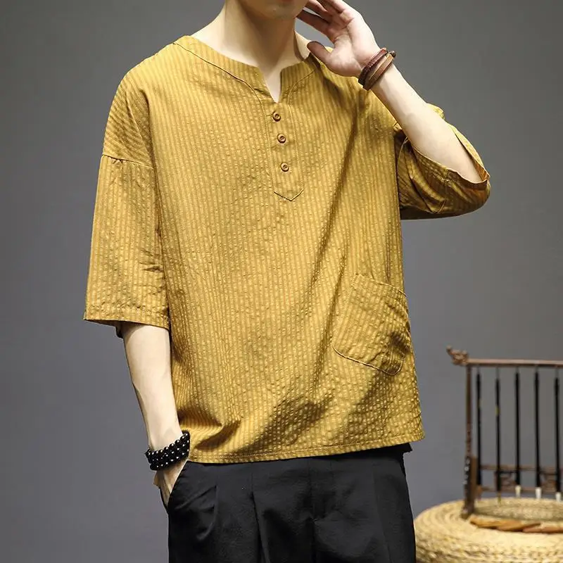 

Fashion V-Neck Spliced Pockets All-match T-Shirt Men Clothing 2023 Summer New Oversized Casual Pullovers Loose Korean Tee Shirt