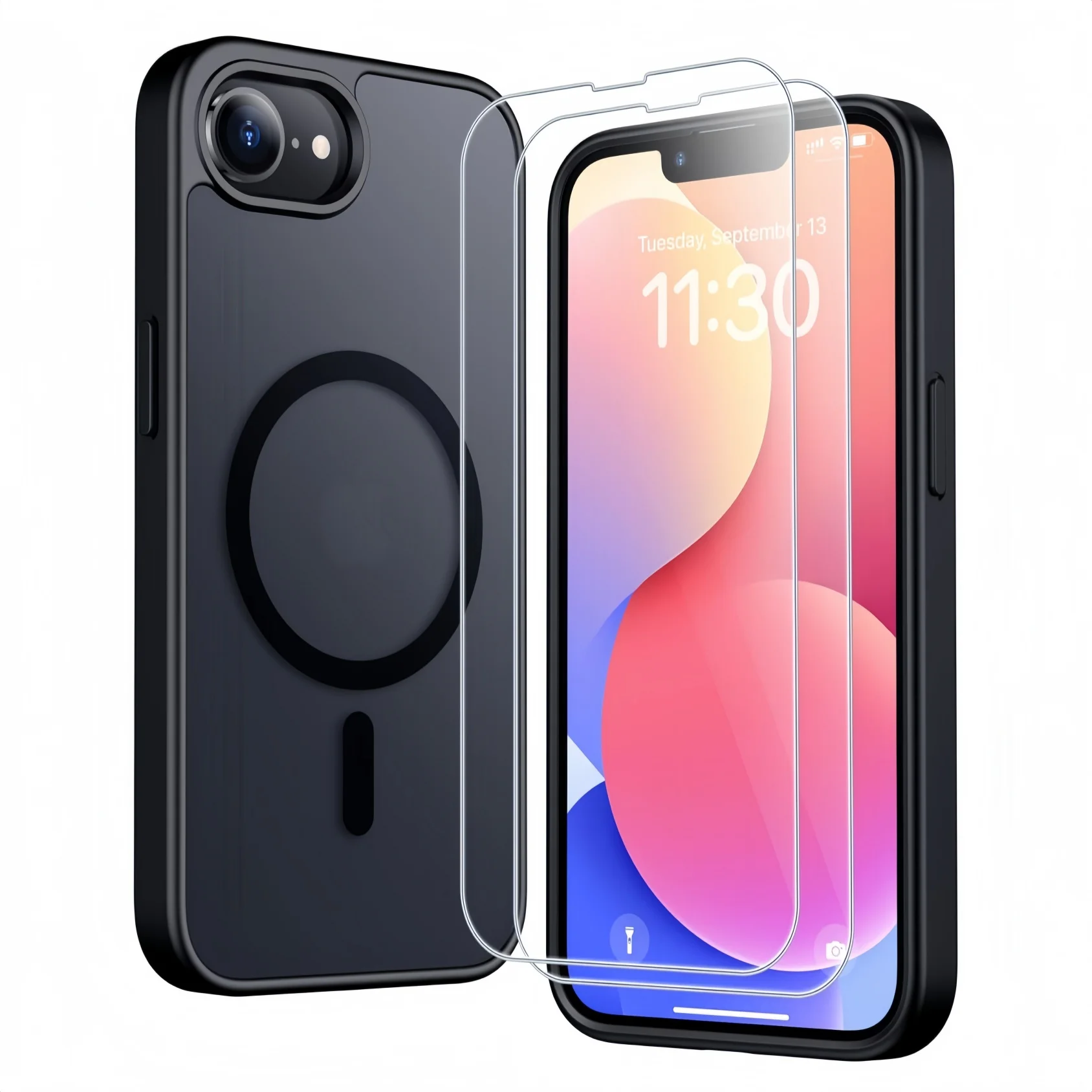 Magnetic Translucent Matte Phone Case with Tempered Glass Screen Protectors - Clear