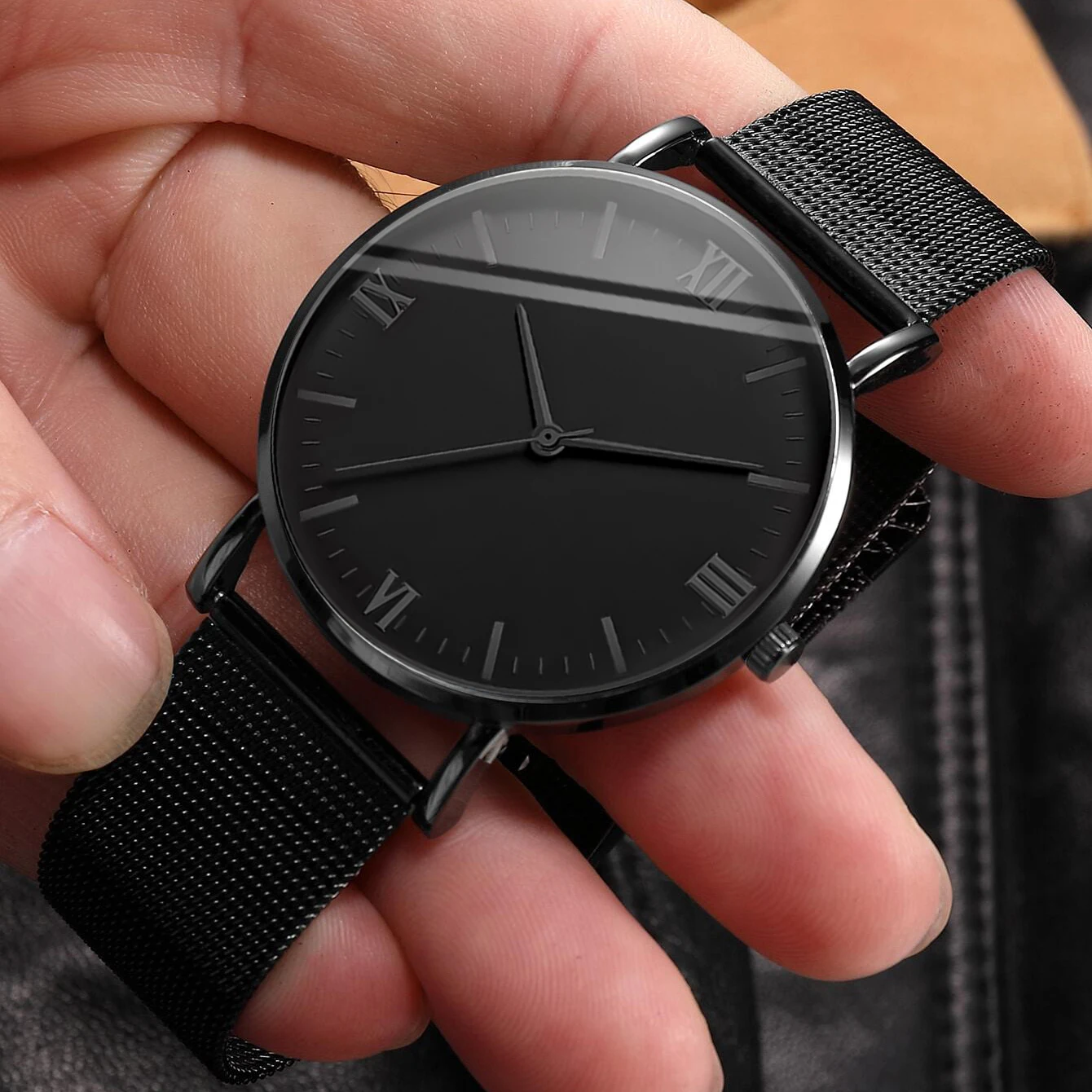 Fashion Men Mesh Band Quartz Watch with Beads Bracelet Black 4