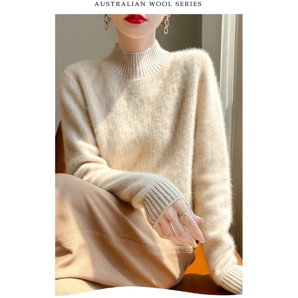 Women's semi high neck solid color sweater made of 100% wool_voghion.com