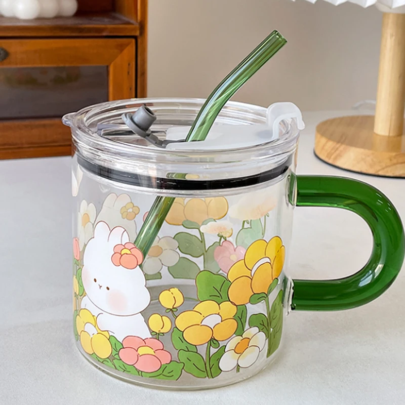 Kawaii Flower Glass Cup With Lid Straw Cute Orange Coffee Mug Milk Hot  Drinks Korean Water Juice Tea Cup Drinkware Gift 600ml