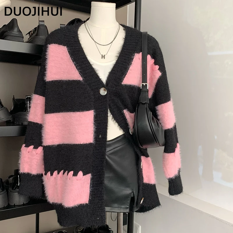 DUOJIHUI Korean Style Contrast Color Sweet Female Cardigan New Basic V-neck Classic Striped Loose Simple Fashion Women Cardigans