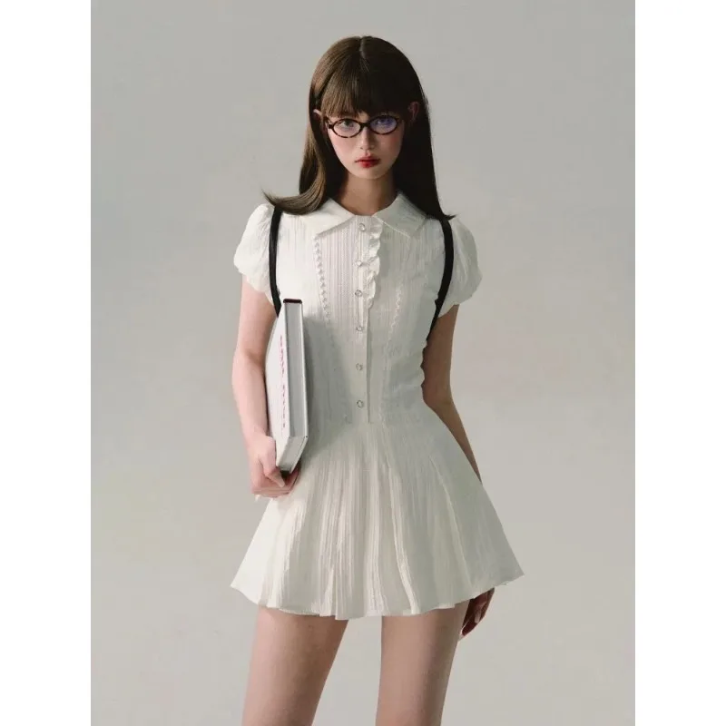 

Coquette Y2k Kawaii White Mini Dress Sweet Girls Preppy Style School Student Puff Sleeve Short Dresses 2024 Fashion Summer