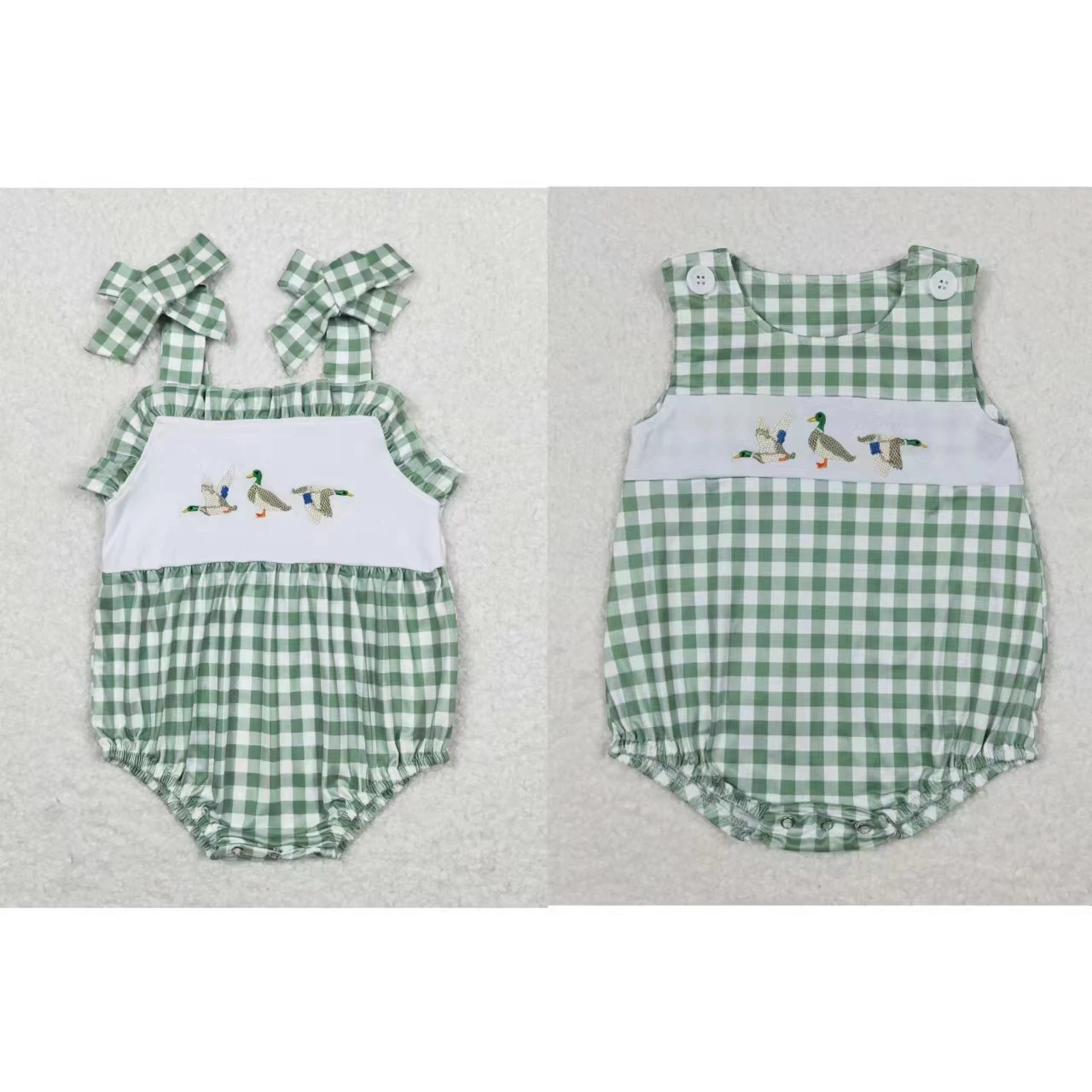All'Ingrosso Bambini Neonato Ragazza Ricamo Anatra Verde Plaid Tuta Neonato Tuta Pagliaccetto Bambino Bolla Tuta Un Pezzo