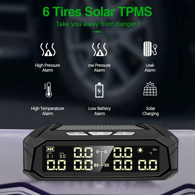 

NEW-Car TPMS Tyre Pressure Monitoring System Solar Power Digital Display Auto Security Alarm Systems With 6 External Sensors