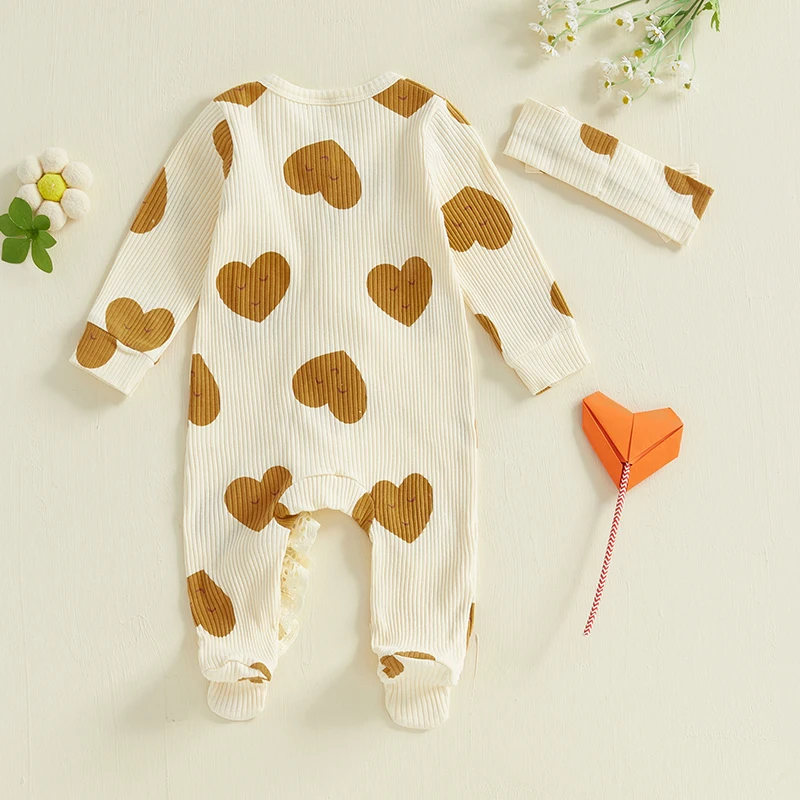 Baby Girls Footies Rompers Valentine's Day Clothes Heart Print Long Sleeve Lace Ruffles Infant Bodysuits with Headband 0-18M
