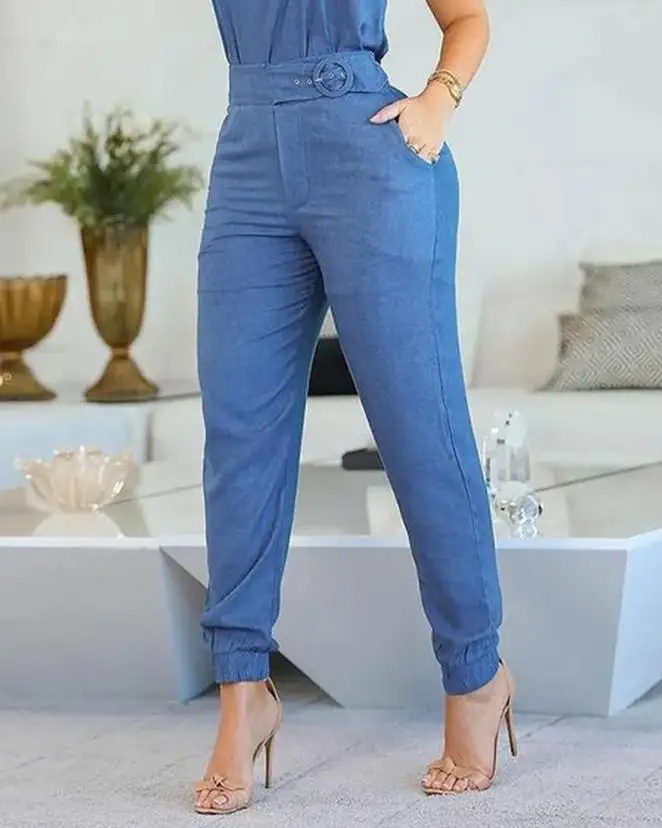 Women's Summer New Popular Fashion Casual Suspender with Waistband Tassel Camouflage Top and Pocket Design Solid Color Pants Set