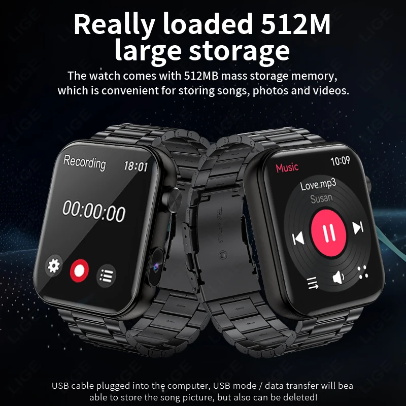 LIGE Smart Watch with Camera Video Recording Photography Watch Large Memory 512MB Dynamic Dial Smartwatch Music playback Watches