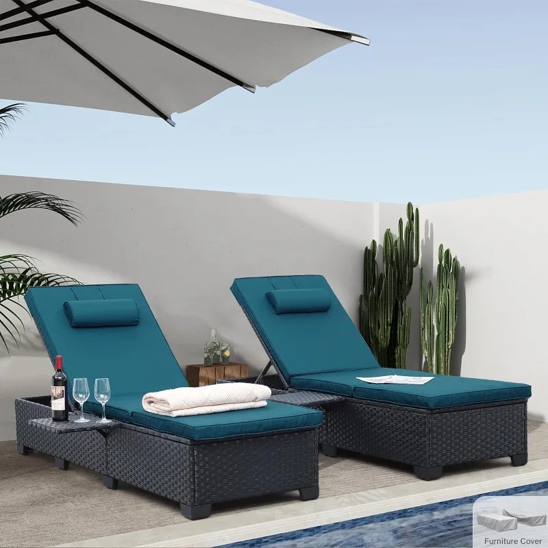 

Chaise Lounge Chairs Set of 2 Patio Black Rattan Reclining Chair Adjustable Backrest Pool Sunbathing Recliners with Furniture