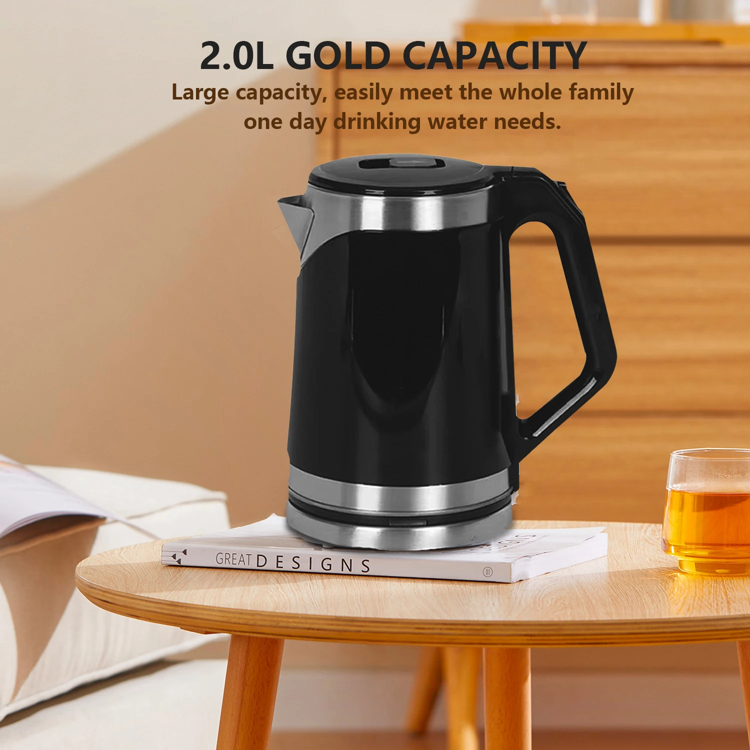 Electric Kettle, Stainless Steel Inner Lid, Water Heater Teapot, Automatic Shut Off, 2L, 1500W-1700W Power, EU Plug