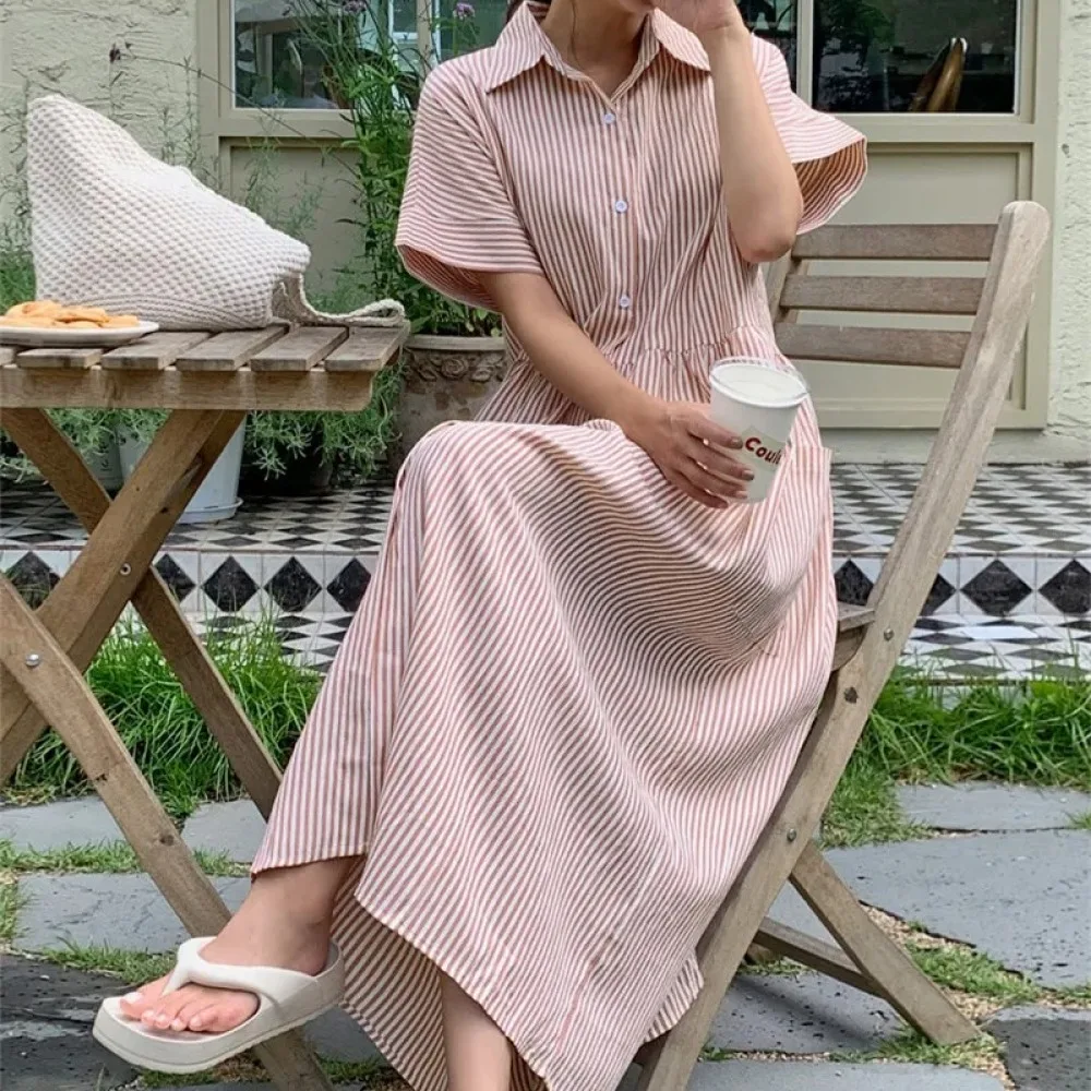 

Women's Summer Casual Loose Long Striped Shirt Dress Single Breasted Cotton Linen Flattering Maxi Sundress Female 2024