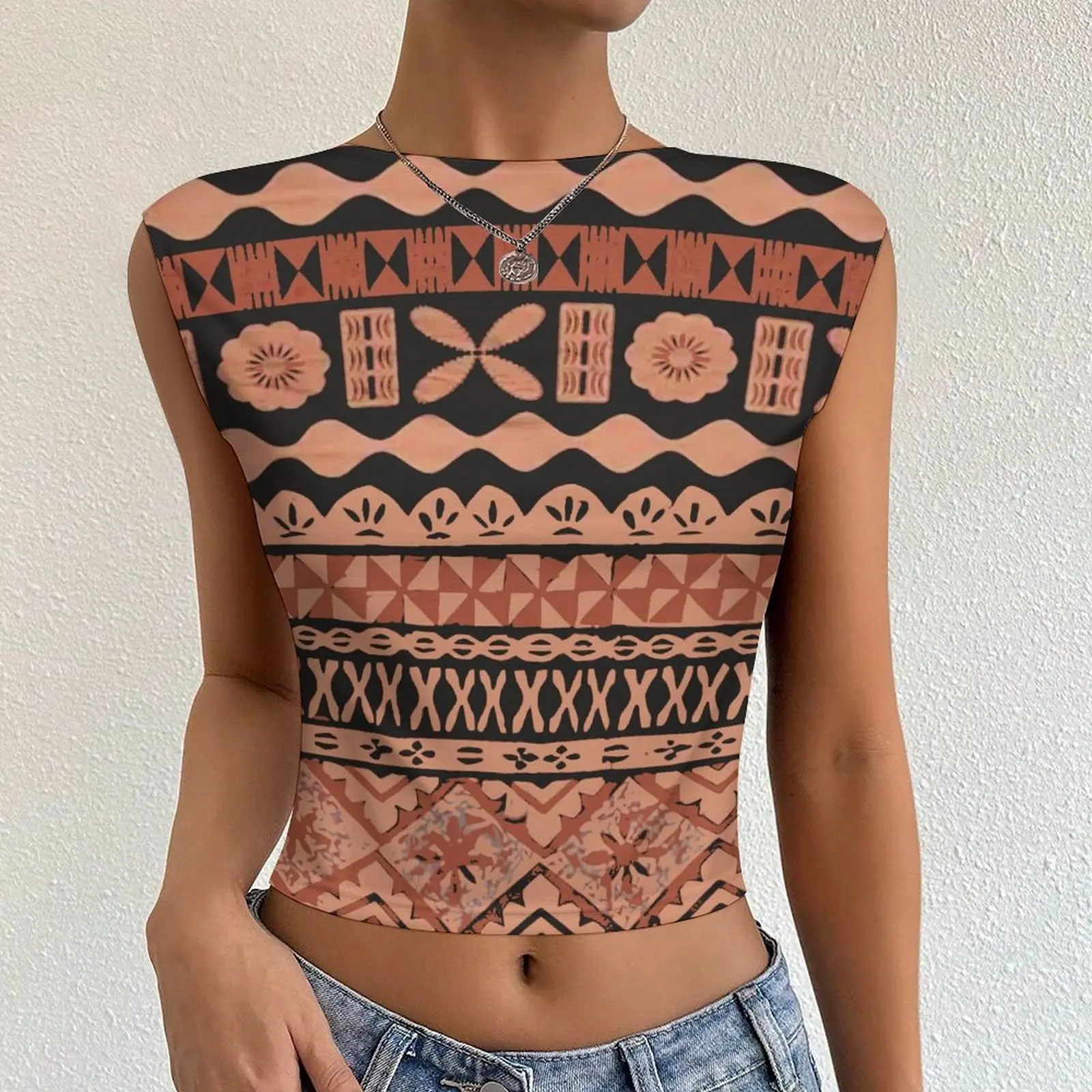 Tribal Style Sleeveless Backless Hot Girls Crop Tops Custom African Cave Pattern Print Samoan Tapa Siapo Elei Womens T-shirt POD 6