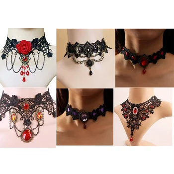 Lady Chokers Court Gothic Women Neck Jewelry Accessory Girl Lace Gothic Vintage Sexy Fashion Rose Beads Flower Necklace