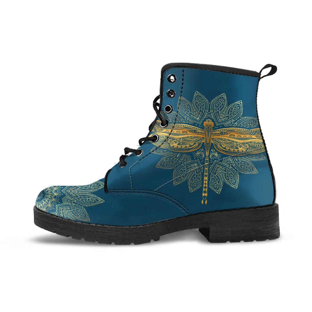 Casual Ladies Leather Boots Dragonfly Design Lace-up Platform Ankle Boots Autumn Winter Women Leather Booties Print On Demand