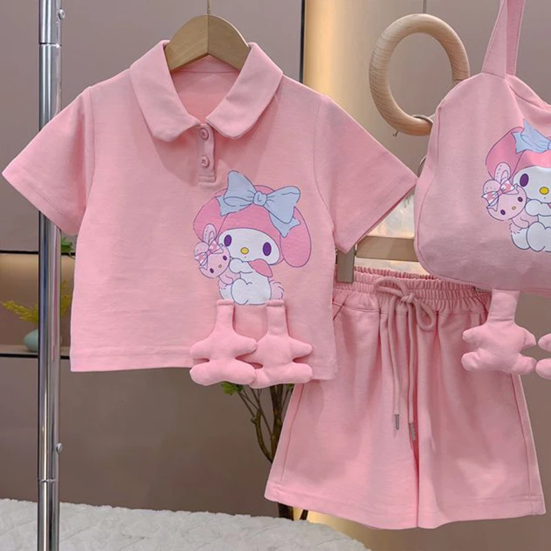 

Summer Cinnamoroll Anime Kawaii Sanrio Children Ins Short Sleeve Shirt Pants Set Cute Kuromi My Melody Clothes Gifts for Kids