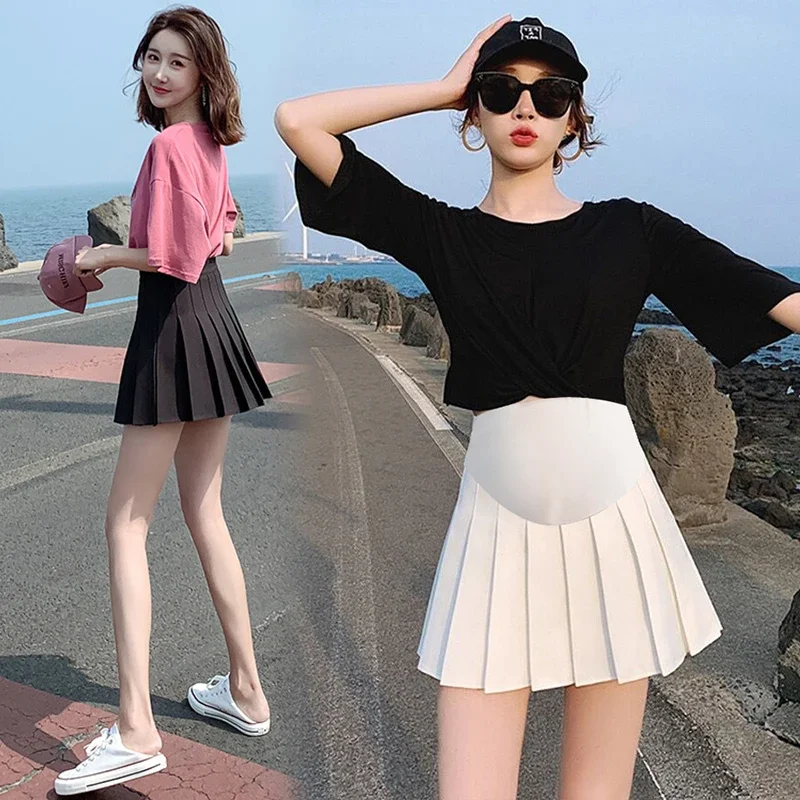 임신 여성을 위한 조절 가능한 배꼽 스커트, 섹시한 핫 플리츠 A 라인, 느슨한 출산 미니 스커트, 시크 인스, 여름