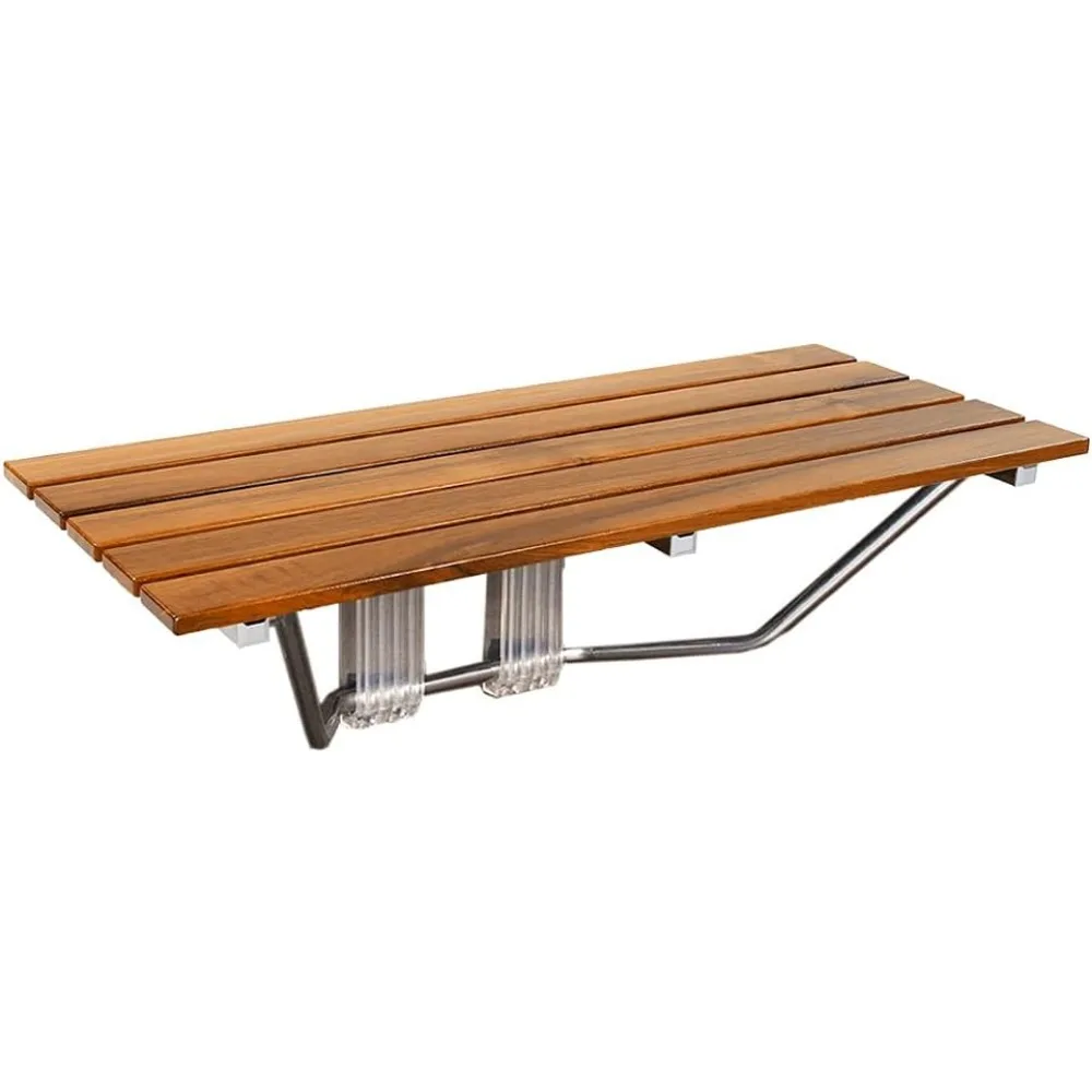 36" Foldable Teak Wood Shower Seat Bench, 400lb Capacity, Clear Coated Wall Mount Modern Chrome, Medical Fold Up Bathroom Stool 6
