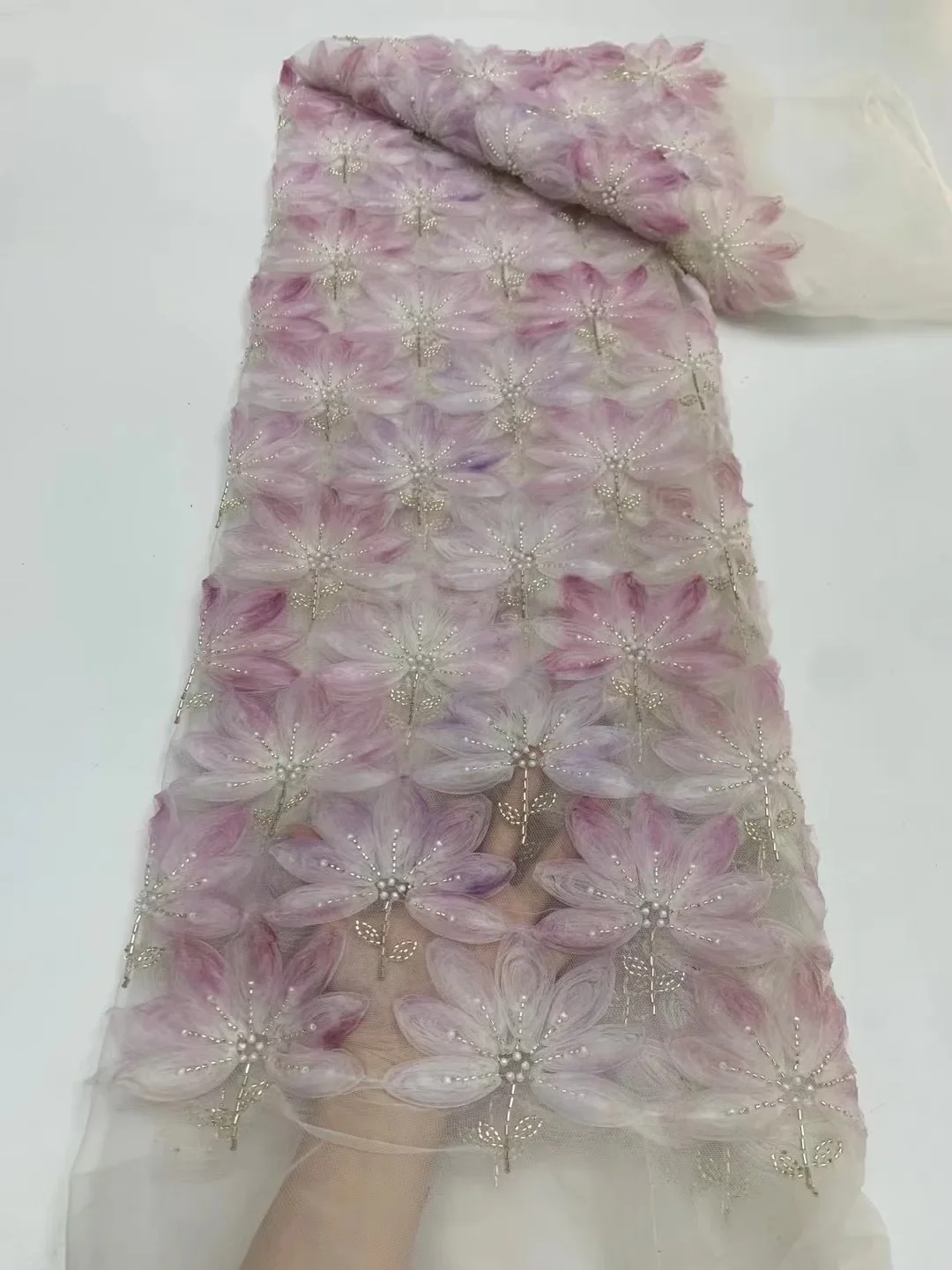 

Французская кружевная ткань с 3D цветами 2024, Высококачественная сетчатая африканская кружевная ткань с бусинами, кружевная ткань для свадьбы XB57721