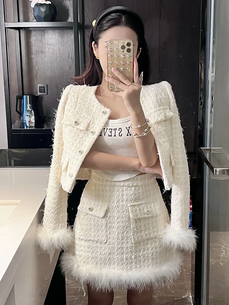 

High-end Woolen Two Piece Set Women Luxury Feather Splicing Short Jacket Coat +Mini Skirt Sets Tweed 2 Piece Sets