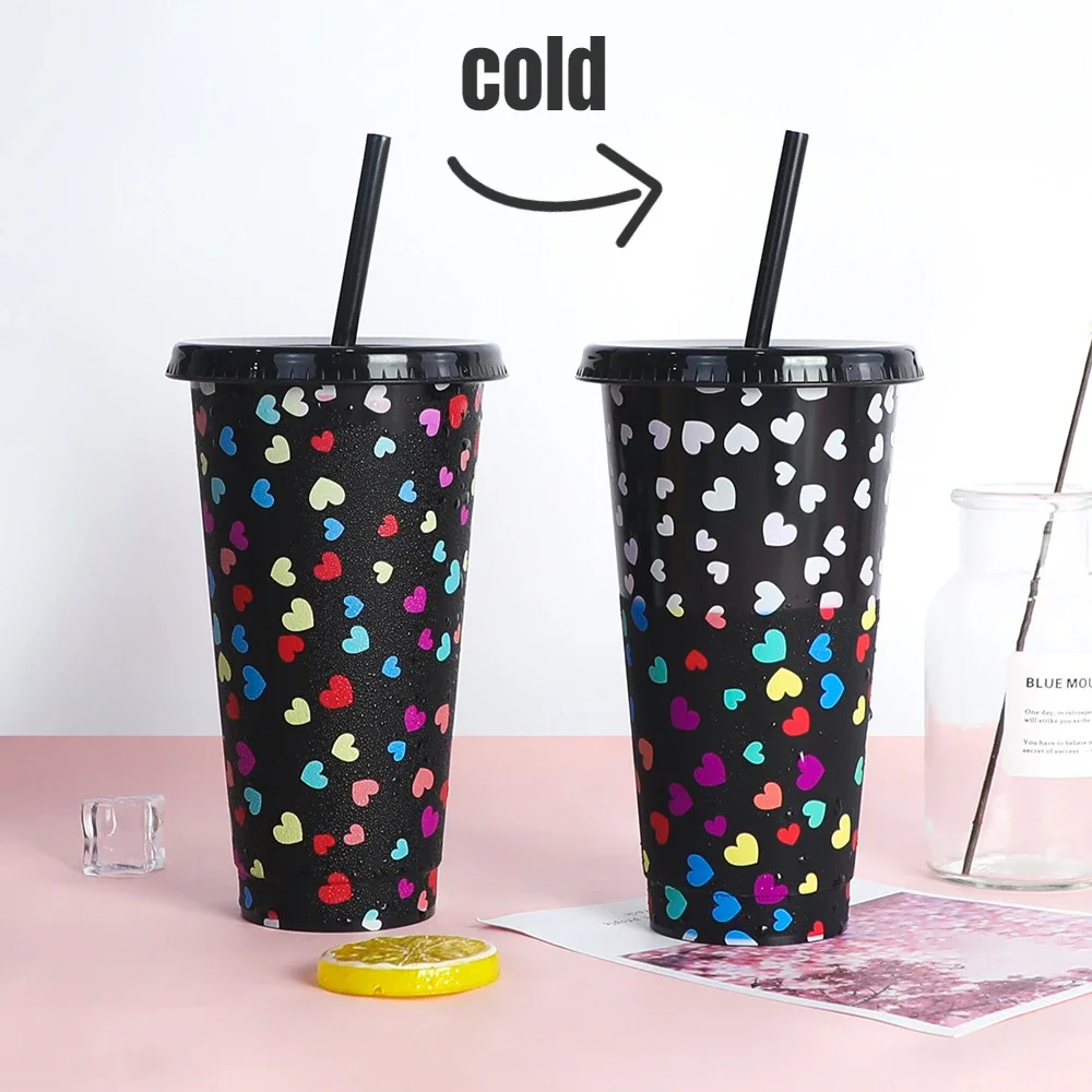 710ml Reusable with Straws Creative Water Cups Changing Colour Cup Magical  Plastic Cold Water Color Changing Cup for Halloween